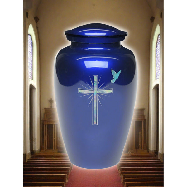 Adult cremation urn | Mother of Pearl Cross Ash Urn  | Great Human ash urn | Cross on Blue | Quality Urns For Less