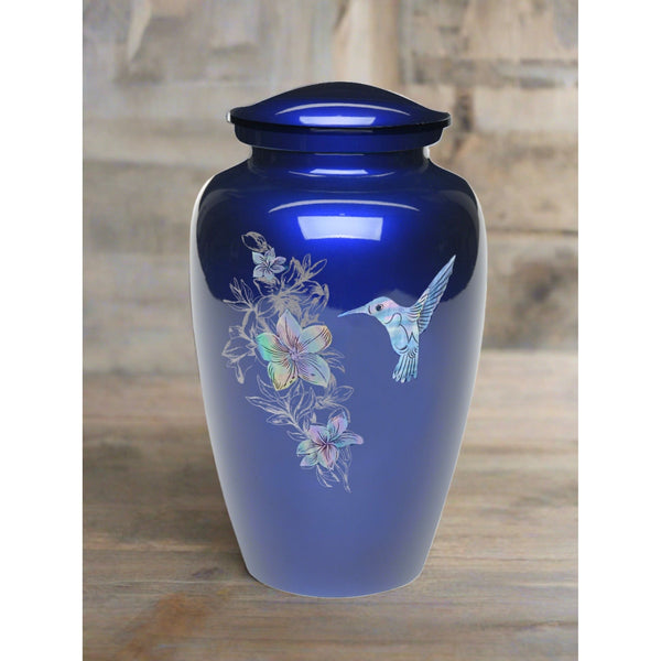 Adult cremation urn | Mother of Pearl Hummingbird Ash Urn  | Great Human ash urn | Hummingbird on Blue | Quality Urns For Less
