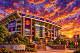 Clemson University Memorial Stadium at sunset with a dramatic orange and purple sky, featuring the Death Valley sign, tiger statue, stadium architecture, and Clemson branding.