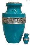 Turquoise urn with decorative silver band 