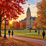 A scenic autumn view of a university campus with a large stone tower building in the background, red and orange fall foliage, walking paths, and several people strolling. A red vertical banner hanging from a black post on the left displays the University of Ontario Kingston logo and name.