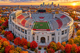 Aerial view of Ohio Buckeyes home stadium, Buckeye Field, surrounded by autumn trees in red and orange foliage at sunset, with the Ohio skyline in the background.