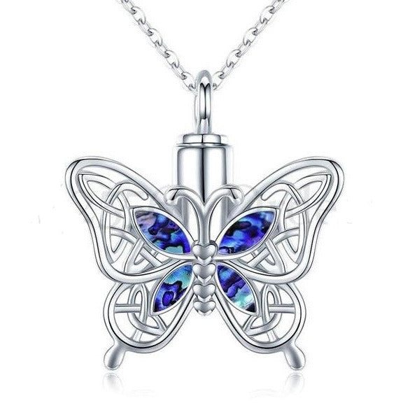 Cremation Jewelry Pendant | Lace Butterfly with Blue Stones Ash Cremation Pendant | Necklace included