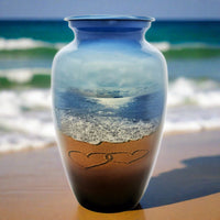 Beach cremation urn with Two Intersecting Hearts in the Sand | Quality Urns For Less