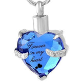 Cremation Ash Pendant | Heart shaped Blue Crystal with "Forever in my Heart" encased in the pendant