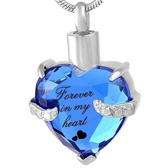 Cremation Ash Pendant | Heart shaped Blue Crystal with "Forever in my Heart" encased in the pendant