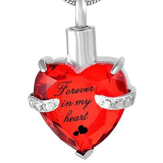 Cremation Ash Pendant | Heart shaped Red Crystal with "Forever in my Heart" encased in the pendant