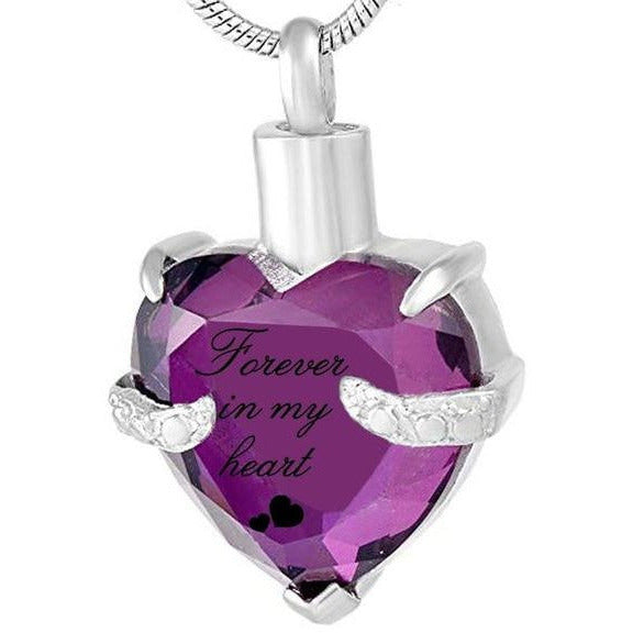 Cremation Ash Pendant | Heart shaped Purple Crystal with "Forever in my Heart" encased in the pendant