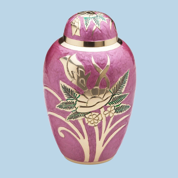 Pink with Gold Floral design Enamel Cremation Urn | Beautiful urn for Mom