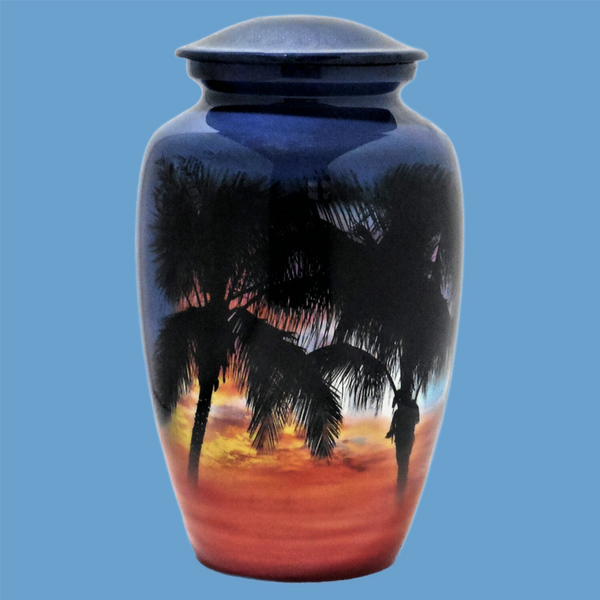 Themed beach sunset cremation urn | ash urn of palms at sunset