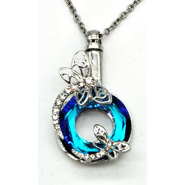 Cremation Jewelry Pendant | Iridescent Blue Crystal Ring with Dragonflies Ash Cremation Pendant | Necklace included