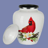 Cardinal on White Cremation Urn | Adult Cremation Urn | Cardinal ash urn for Humans