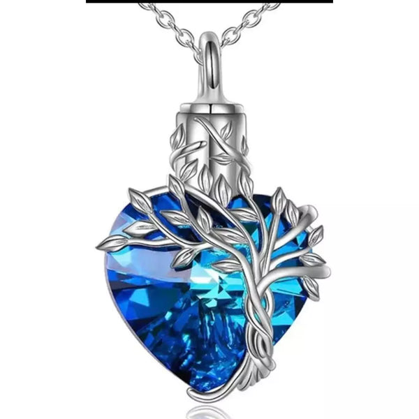 Cremation Jewelry Pendant | Blue Crystal Heart with Tree of Life Ash Cremation Pendant | Necklace included
