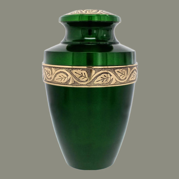 Human Adult Cremation Urn | Emerald Green Urn with Ornate Silver Trim