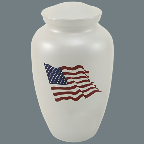a patriotic themed flag cremation urn or ash urn with flag