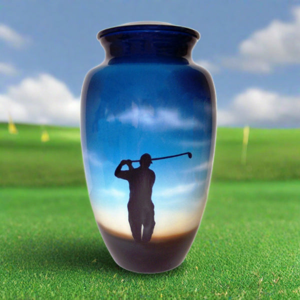 A themed golfing cremation urn or ash urn for golfer